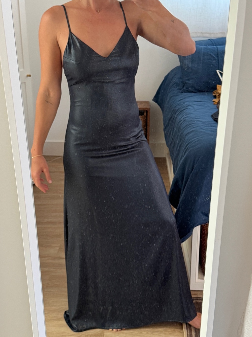 Lovers + Friends Black Satin Slip Maxi Dress with Thin Straps